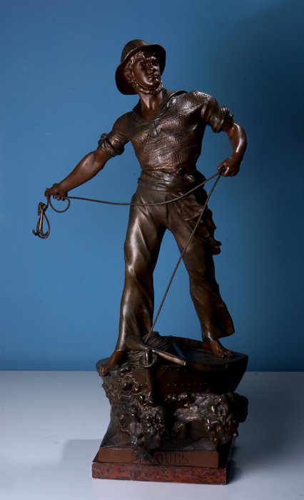 Arthur Waagen (1833-1898) - Skulptur, Figur Seemann auf Schiff mit dem Titel "Secours" - 75 cm - Rohzink - Ende des 19. Jahrhunderts