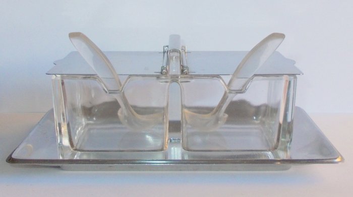 Wilhelm Wagenfeld - WMF - Pot unique à double menage / confiture - KUBUS Design - d'après Wilhelm Wagenfeld - Bauhaus - Verre (vitrail)