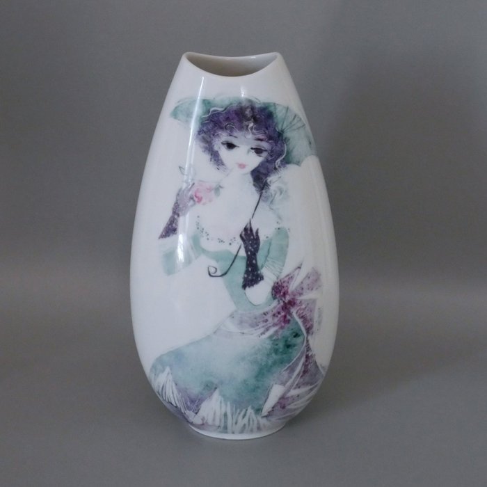 Lis Müller - Rosenthal - Hand painted vase - lady in blue with umbrella - Porcelain