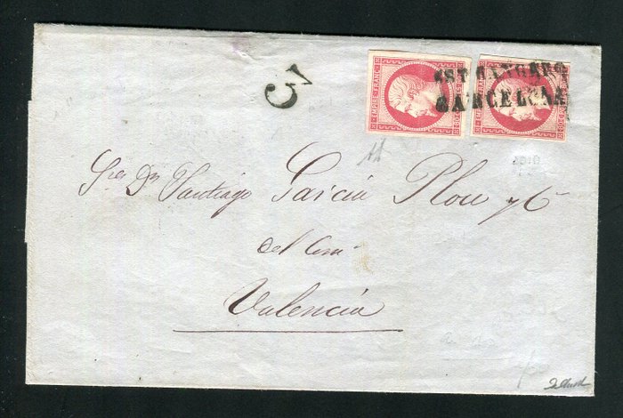 Frankrijk 1861 - Rare lettre en quadruple port de Marseille pour Valencia ( Espagne ) avec deux n° 17B