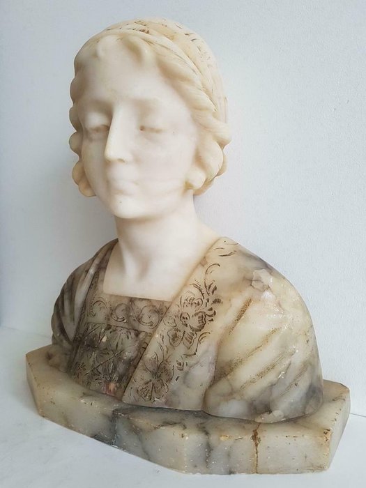 Sculpture, Alabaster bust of a young lady (1) - Alabaster, Marble - Early 20th century
