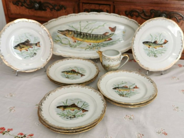 Véritable porcelaine dure S.F.P Foëcy - Emaux de Limoges - Servicio de mesa FISH - Porcelana de Limoges
