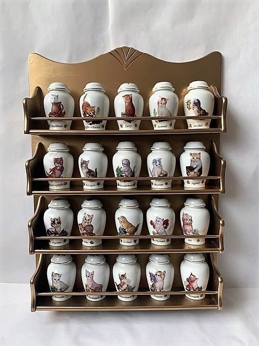 Jurgen Scholz - Bradford Exchange - étagère à épices exclusive de 60 cm avec 20 pots à épices avec de jolis chats (21) - bois, métal, porcelaine, doré, limité, retiré, rare