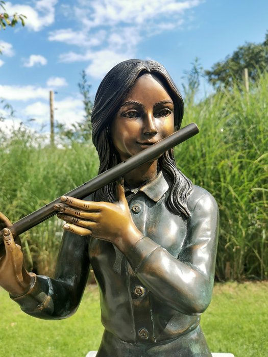 Image 3 of Sculpture, Young lady playing flute - Patinated bronze - recent