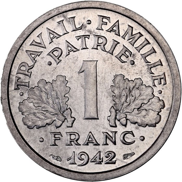 法國 - 1 Franc 1942 Bazor - Variété croix dans globules
