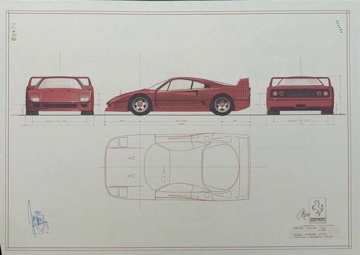 Artículo decorativo - ARTwork Ferrari F40 - 1987 Blueprint / Konstruktionszeichnung/ Blueprint. - Ferrari - 1980-1990