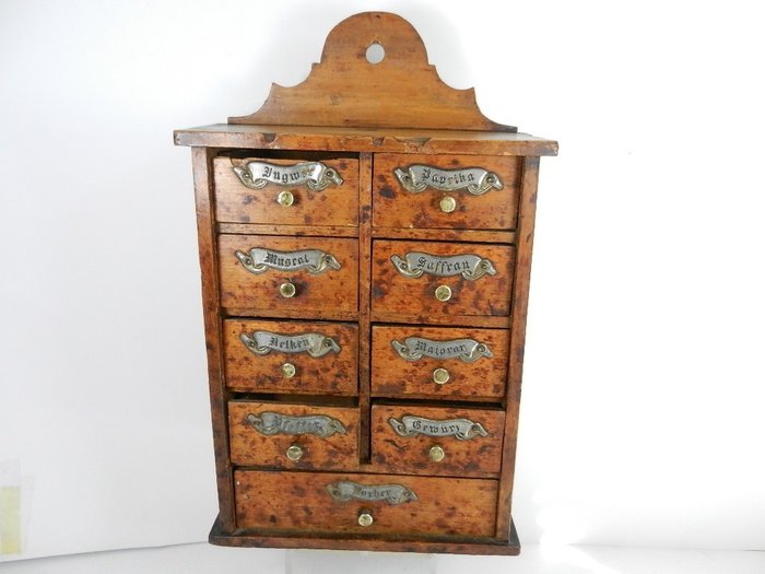 带有9屉柜的古董香料柜 (1) - 木材，黄铜，锡