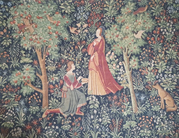 Aubusson - Manufacture Robert Four - Print, Tapestry, "Galante Scene" - Medieval Style