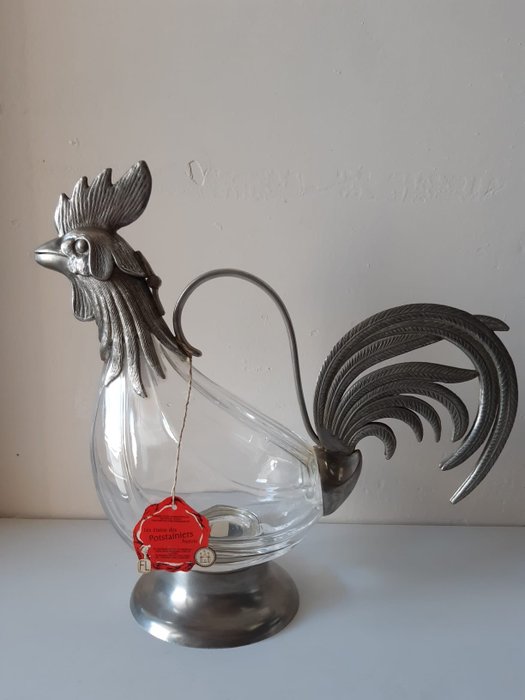 美丽的古董玻璃水瓶，公鸡的形状，由锡制成 (1) - 巴洛克风格 - 玻璃, 锡