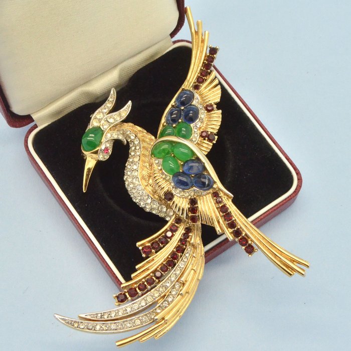 Marcel Boucher for Ciro Grande vintage iconico Phoenix uccello del paradiso cristallo versato in vetro placcato in oro - Spilla