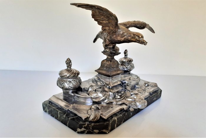 双墨水瓶和鹰怀表架 - 拿破仑 III - 大理石, 粗锌 - Late 19th century