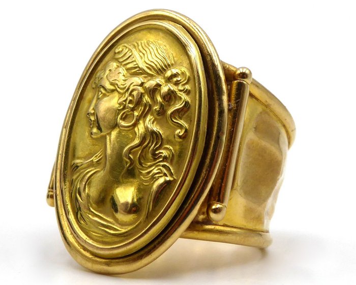18-karatowe Żółte złoto - Ręcznie wykonany pierścionek z otwartym paskiem z kameą "Roman Woman" z czystego złota