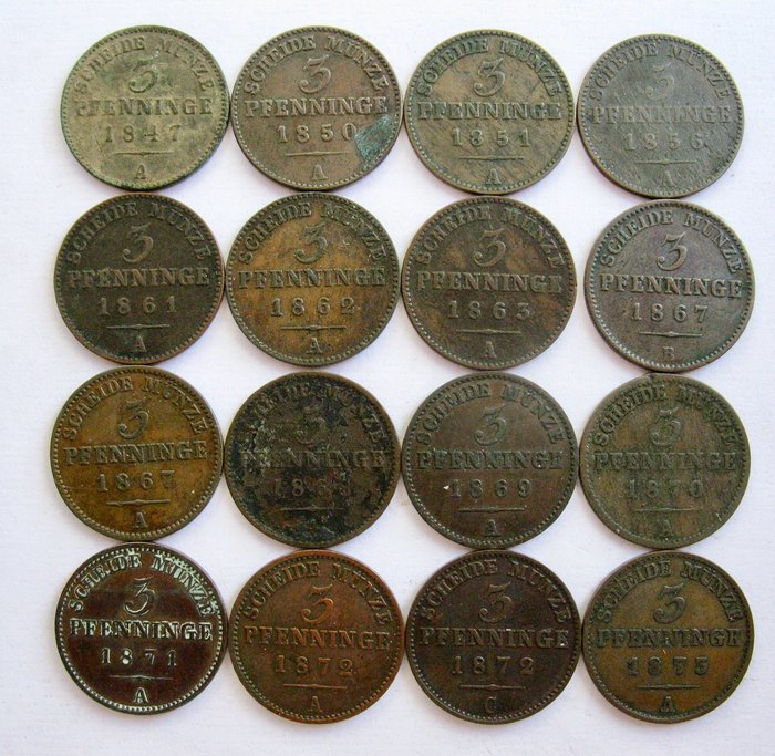 Germany - Prussia - 3 Pfennig or 120 Einen Thaler 1847/1873 (16 different coins)  - Copper