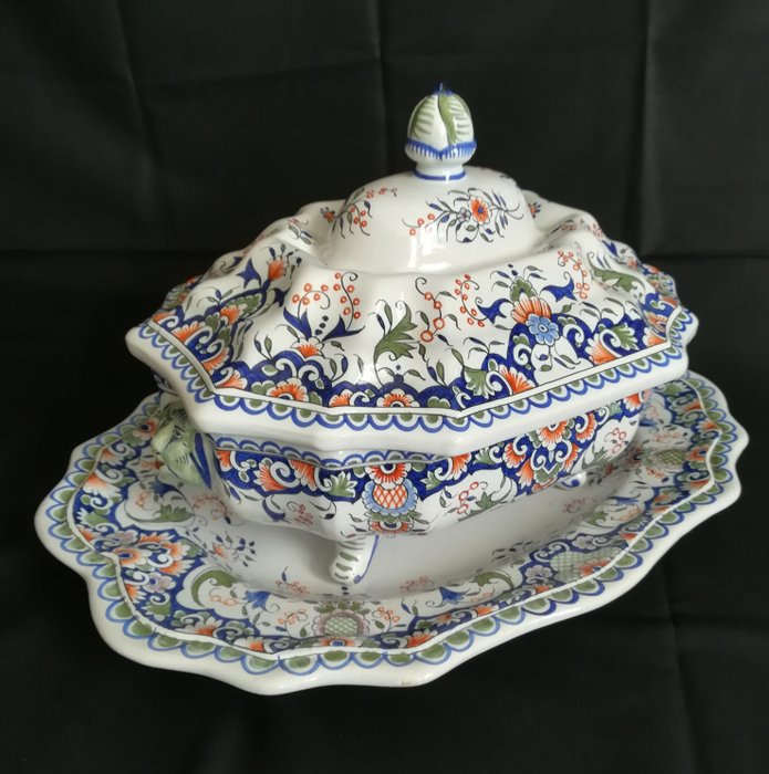 Desvres - 带盖和底盘的汤碗-鲁昂装饰 - 陶器