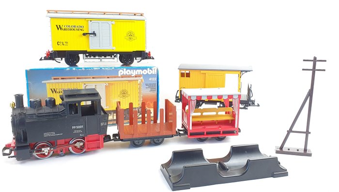LGB, Playmobil G - Carruagem de mercadoria, Locomotiva a vapor - 4 vagões e uma locomotiva BR 99