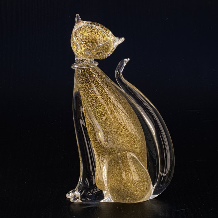 Archimede Seguso - Kat Met Bladgoud - Hoogte 15 cm - Glas