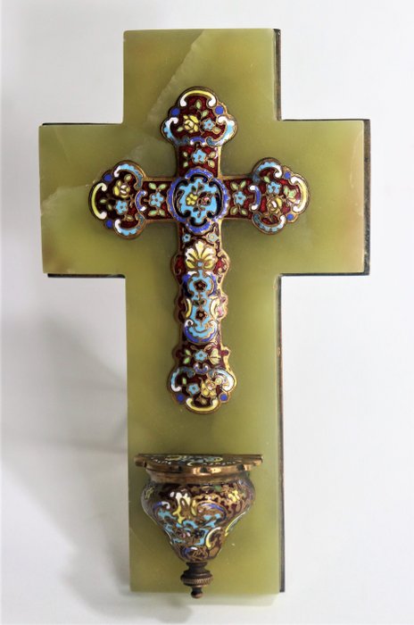 Altes religiöses Kruzifix Französisch emaillierter Cloisonne Marmor Onyx Emaille Weihwasser Napoleon (1) - Napoleon III. - Bronze