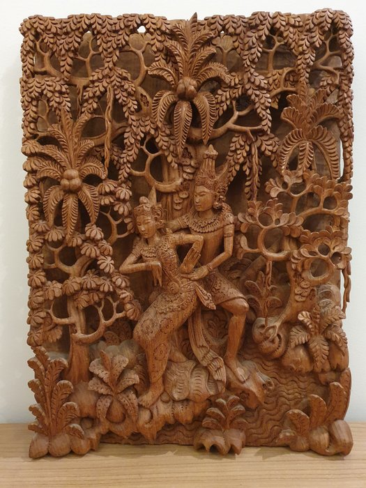 Panou de sculptură în lemn Rama și Sita - 47 x 35 cm - Lemn - Bali, Indonesia 