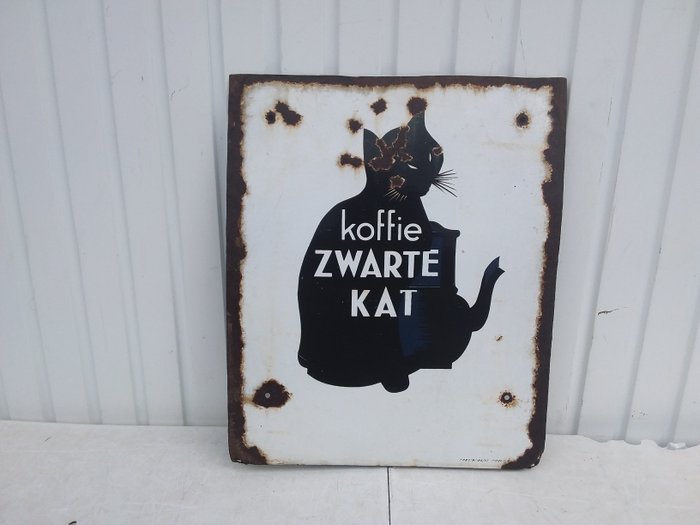 罕见的老广告牌黑猫 - 搪瓷