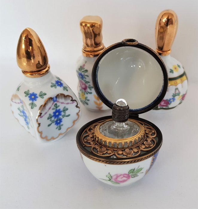 Limoges France - Frascos de perfume de Limoges con tapón bañado en oro y huevo de perfume dorado pintado a mano (4) - porcelana, dorada, cristal