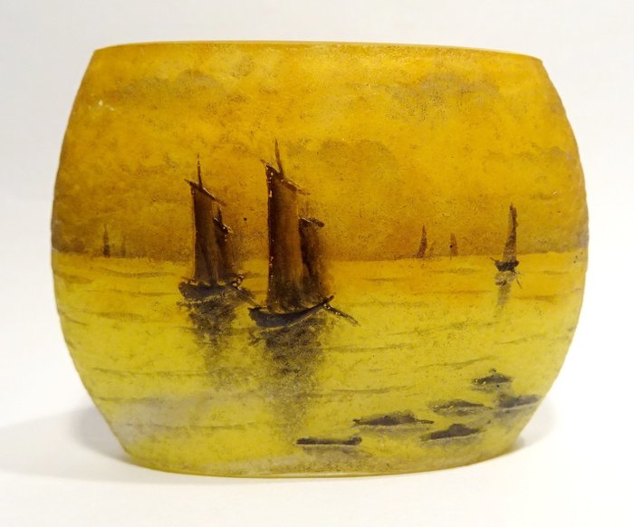 Frères Daum - 酸蝕搪瓷玻璃微型花瓶-1890/1900-港口風光