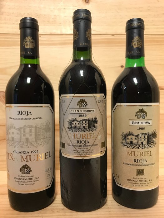 1985 Bodegas Muriel gran reserva, 1989 reserva & 1994 crianza - Rioja - 3 Bottiglie (0,75 L)