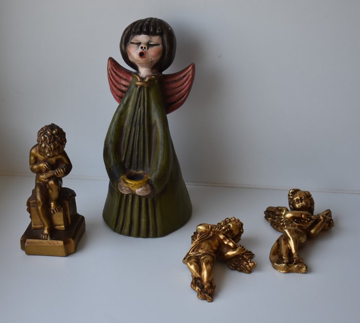 kunst-handarbeit - Thun - Eredeti Bozner angyal Thun gyertyatartóval - kézműves készítésű - arany színű puttikkal (4) - Gipsz, Kerámia