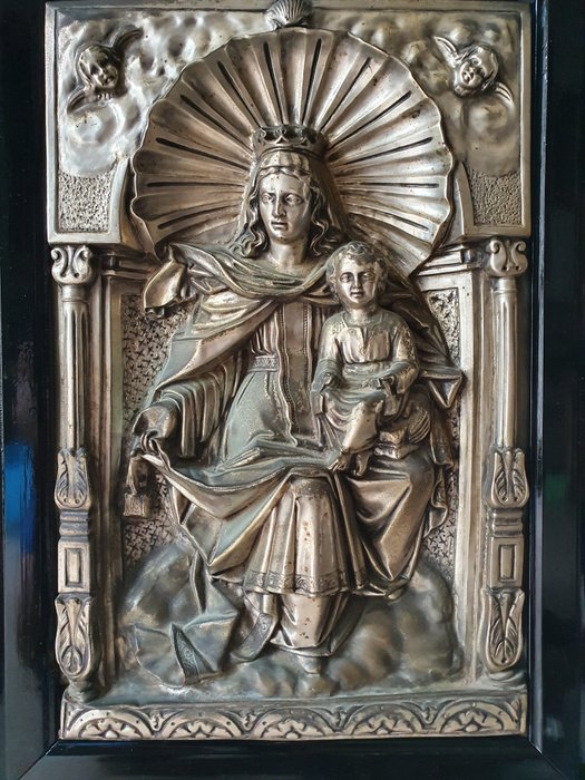 Madonna med barn och änglar bild - Tenn, Präget arbete med figurer i lättnad - Sent 1800-tal