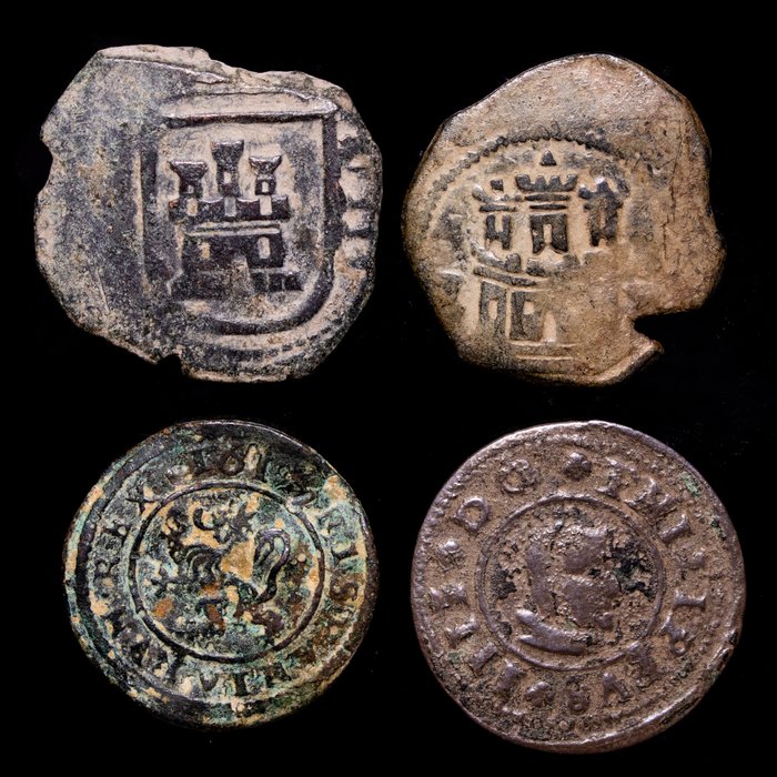 Spanje - Monarquía de los Austrias, lote de cuatro monedas de cobre - Felipe II, Felipe III y Felipe IV (1556-1662) - Brons