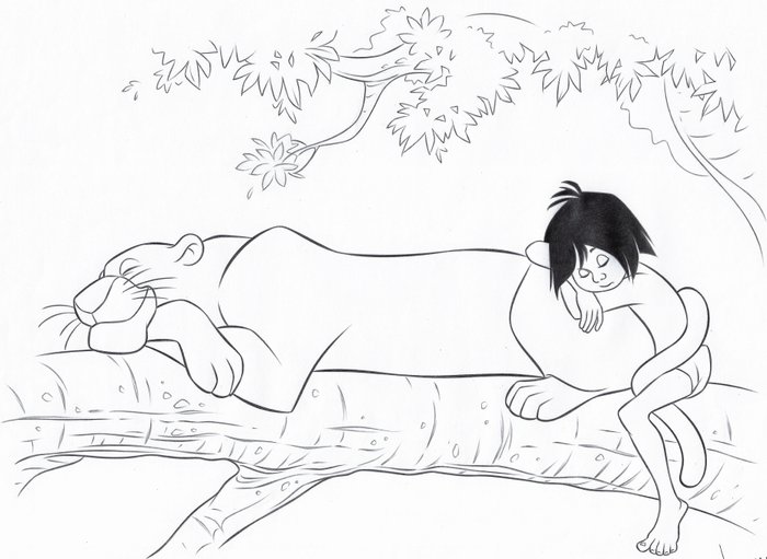 Mowgli and Bagheera [The Jungle Book] - Original Drawing - Jaume Esteve Signed - Hand gezeichnet - DINA3 - Bleistift Art