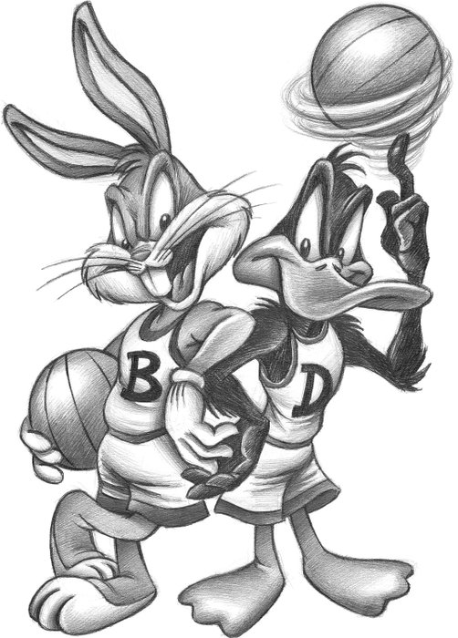 Bugs Bunny & Daffy Duck Playing Basketball - Giclée Signed By Joan Vizcarra - Pânză - ediție unică