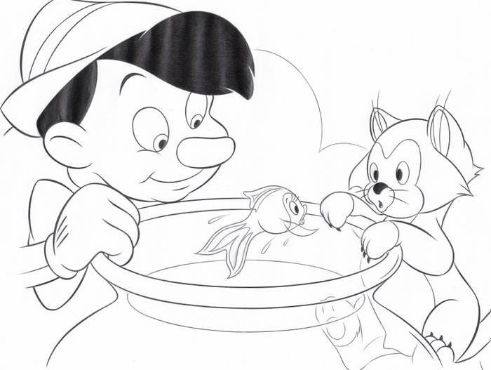 Pinocchio, Figaro & Cleo - Original Drawing - Jaume Esteve Signed - DINA3 - Dessiné à la main - Art au crayon