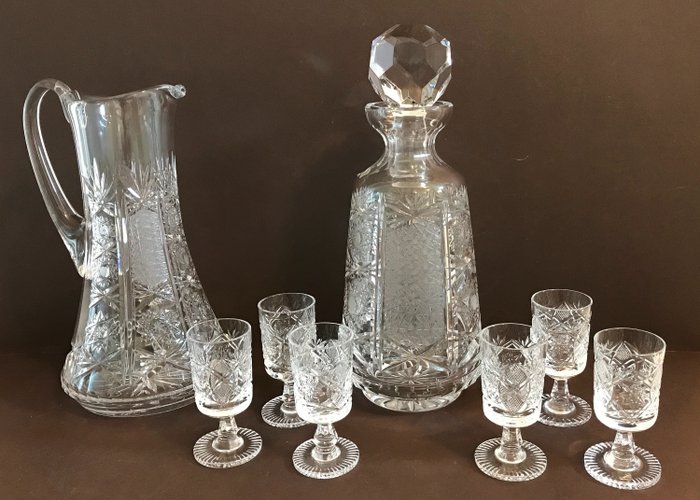 Irena Crystal - Carafe à liqueur avec verres et pichet à eau, belle coupe (8) - Coupe de cristal