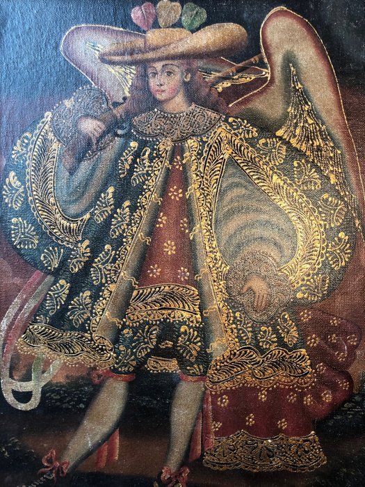 Fantastisk og sjeldent maleri som representerer erkeengelen Gabriel - School of Cuzco - Olje på lerret