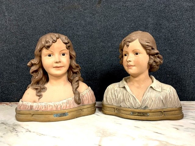 By Joliveaux sculptor: Pair of bust (2) - Plaster, Sulphide eyes - circa 1900