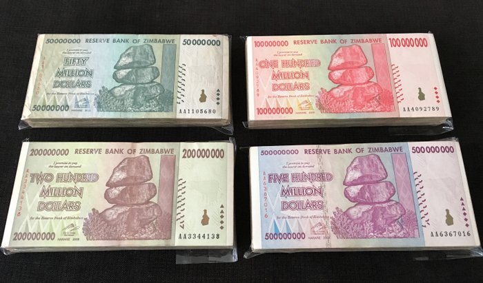 Zimbabwe. - 100 x 50, 100, 200, 500 Million Dollars 2008 - Pick 79, 80, 81, 82 (400 Banknotes)