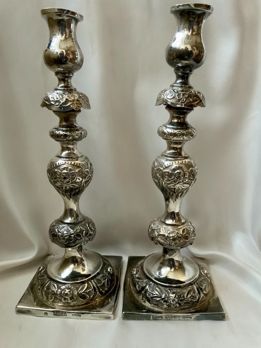 Antique silver Russian / Polish pair candle holders (2) - .875 (84 Zolotniki) silver - Reiner - Poland / Russian Empire - 1875