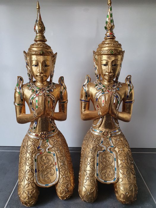 Piękne duże osłony zauszników o wysokości 80 cm !! (2) - Drewno, złoty liść i szklane kamienie - thepanom / gatekeeper / buddha - Tajlandia - Nowoczesny