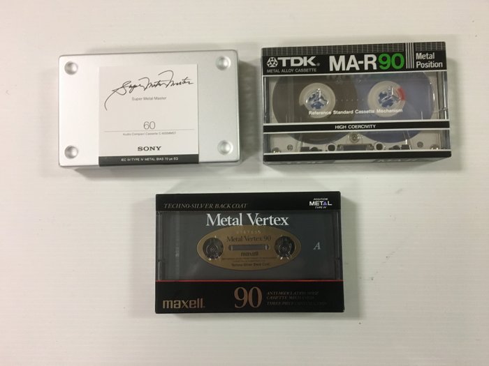 Supertrio: Sony,  TDK , MAXELL - Sony Super Metal Master, Maxell Metal Vertex en TDK MA-R tape - Cassettes