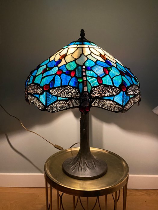 Lámpara de sobremesa, XL estilo Tiffany - Libélula - Azul oscuro - Vidriera policromada
