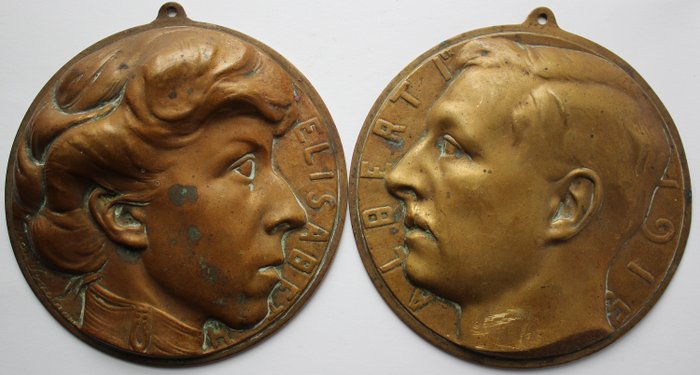 Leon Vogelaar (1875-1946) - Medalion, Portrete Regele Albert I și Regina Elisabeta (2) - Bronz - Early 20th century