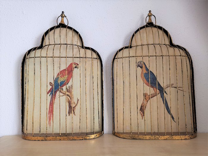 Jaulas de pájaros vintage con pájaro (2) - metal pintado dorado, plástico