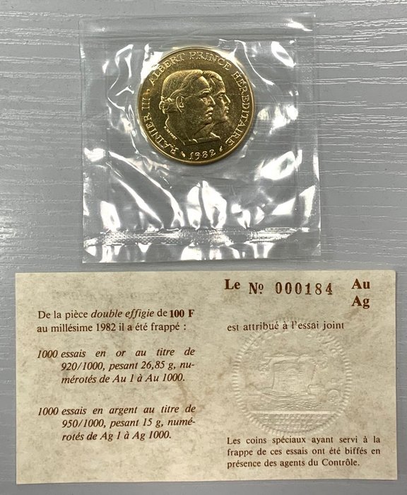 Monaco. 100 Francs 1982 Rainier III et Albert. Essai en or sous sachet d'origine