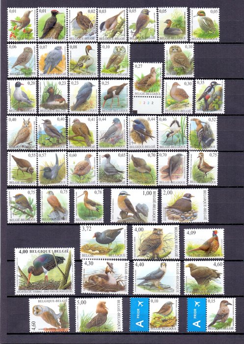 比利時 1986/2010 - 大量帶有 BF PREO 郵票的 Buzin 鳥類收藏，包括雙值和歐元郵票