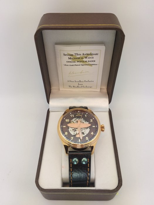 Bradford Exchange - 75th Anniversary Spitfire Mechanical Watch ' - Pozłacany, Skóra, Stal