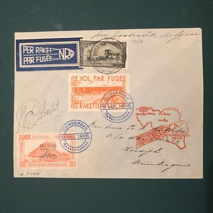 Belgium 1935 - Rocket mail imperforate orange stamp on a - Catawiki