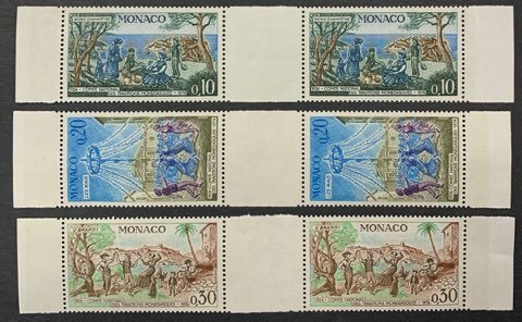 Monaco 1973 - Sjældent sæt med 3 par sort "WITH interval", Yvert 939a, 940a og 941a, IKKE-ISSUE udgave - 939a, 940a, 941a