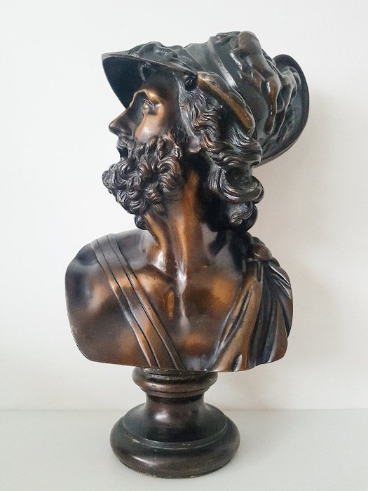 Rzeźba, Piękne popiersie greckiego boga Ajaksu z patynowanego brązu (3) - Brąz (patynowany) - Pierwsza połowa XX wieku