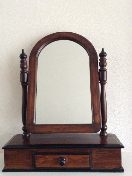 Dark Brown Wooden Dressing Table Mirror, Tabletop Vanity Mirror Wooden