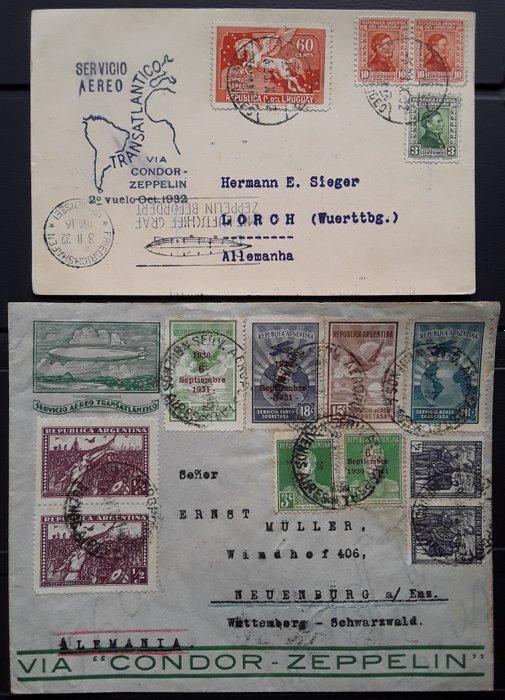 2 Zeppelin-documenten - Argentina / 4 Südamerikafahrt 1932 - Uruguay / 9 Südamerikafahrt 1932